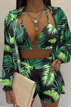 Green Sexy Casual Print Solid Basic Long Sleeve Three Piece Set