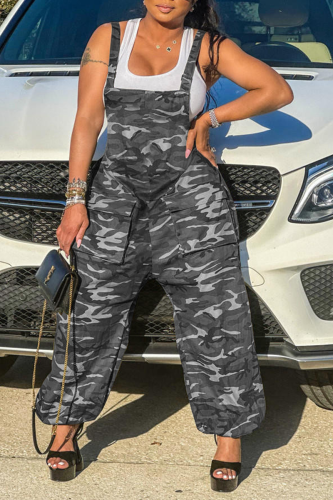 Grey Street Camouflage Print Patchwork Spaghetti Strap Harlan Jumpsuits