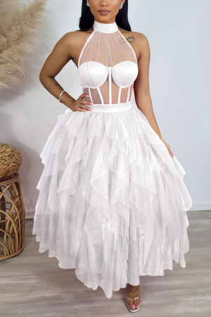 White Sexy Solid See-through Mesh Half A Turtleneck Mesh Dress Dresses