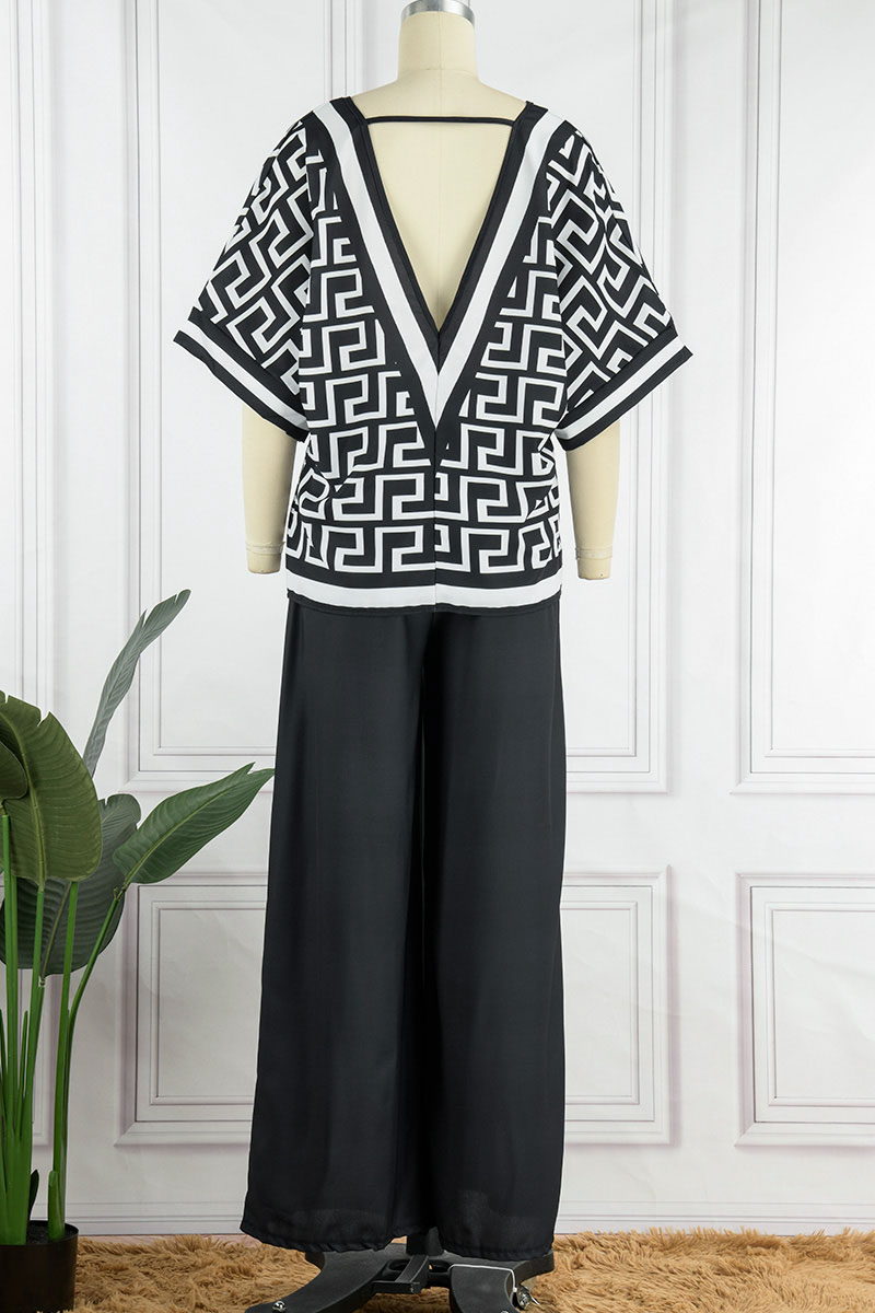 Casual British Style Geometric Print Patchwork V Neck Nine Points Sleeve Two Pieces