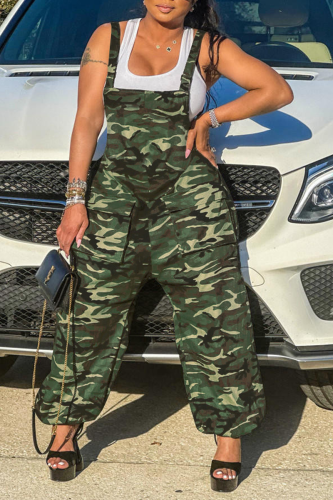 Dark Green Street Camouflage Print Patchwork Spaghetti Strap Harlan Jumpsuits
