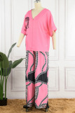Pink Casual Print Patchwork V Neck Three Quarter Two Pieces