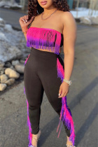 Purple Sexy Casual Simplicity Gradual Change Tassel Basic Solid Color Strapless Sleeveless Two Pieces
