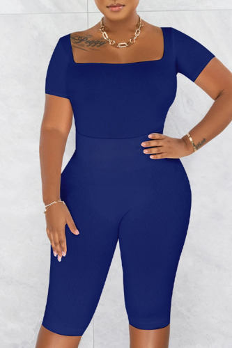 Deep Blue Casual Sportswear Solid Patchwork U Neck Short Sleeve Two Pieces