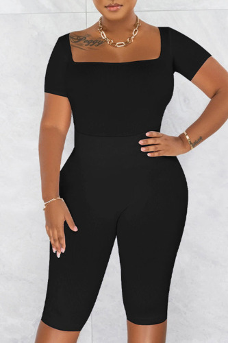 Black Casual Sportswear Solid Patchwork U Neck Short Sleeve Two Pieces