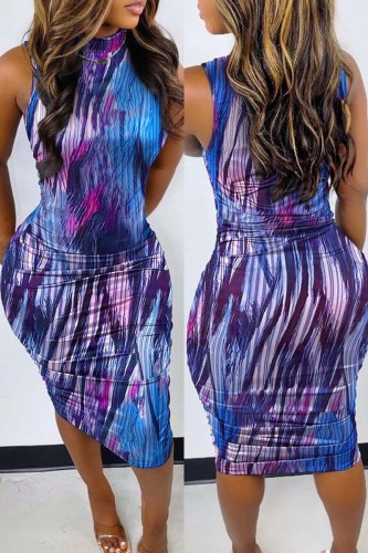 Blue Casual Print Solid Basic O Neck Denim Dress Dresses