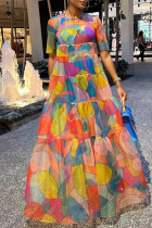 Colour Casual Print Patchwork O Neck Straight Dresses
