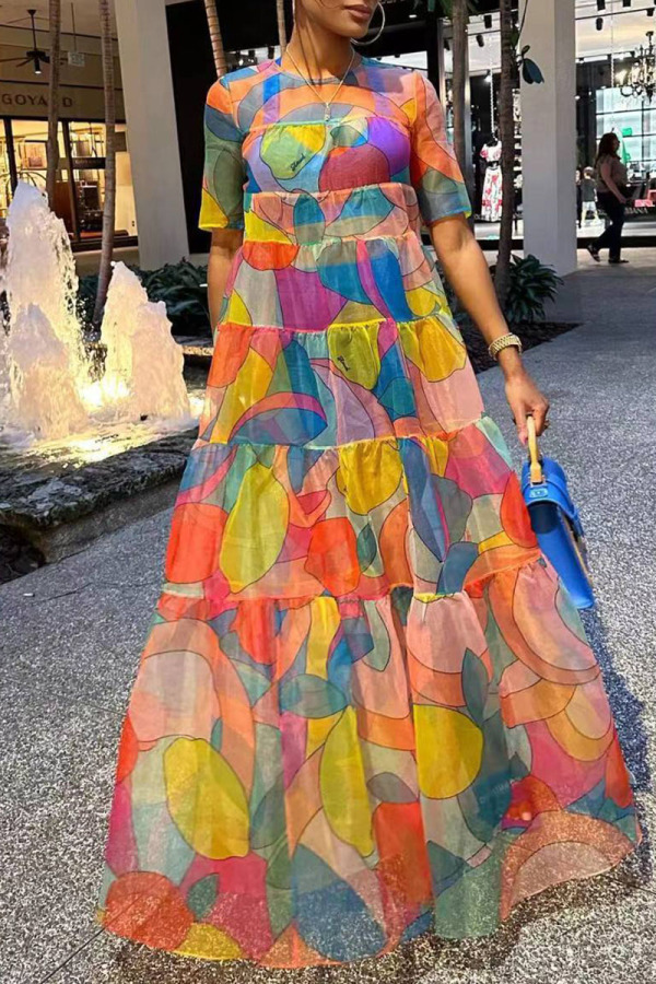 Colour Geometric Print Short Sleeve Loose Straight A Line Daily Vacation Maxi Dress