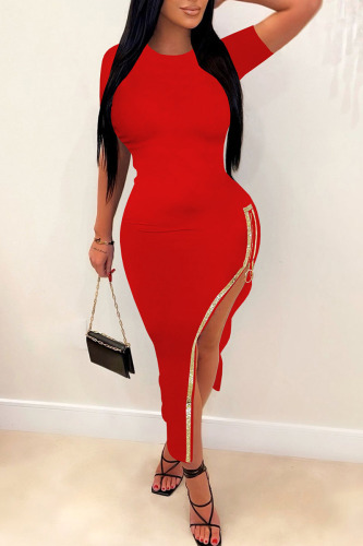 Red Sexy Solid Patchwork Hot Drill Zipper O Neck Pencil Skirt Dresses