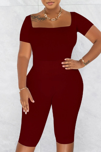 Burgundy Casual Sportswear Solid Patchwork U Neck Short Sleeve Two Pieces