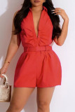 Yellow Casual Solid Patchwork Without Belt Turndown Collar Regular Rompers (Without Belt)