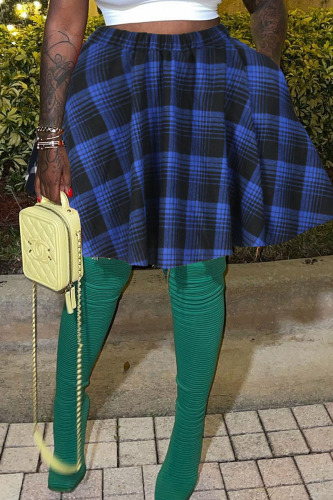 Blue Casual Plaid Print Patchwork High Waist Type A Full Print Bottoms