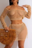 Orange Sexy Solid Hollowed Out Off the Shoulder Long Sleeve Two Pieces
