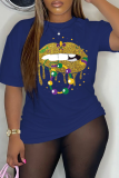 Navy Blue Party Vintage Lips Printed Patchwork O Neck T-Shirts