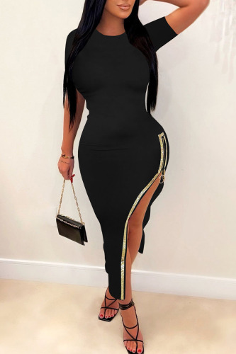 Black Sexy Solid Patchwork Hot Drill Zipper O Neck Pencil Skirt Dresses