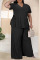Black Casual Solid Bandage Patchwork Slit V Neck Plus Size Two Pieces