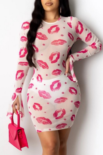 White Casual Lips Printed See-through O Neck Long Sleeve Dresses