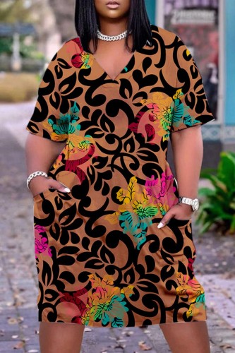 Brown Casual Print Patchwork V Neck Short Sleeve Dress