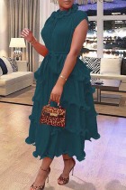 Ink Green Casual Solid Patchwork O Neck Short Sleeve Dress Dresses