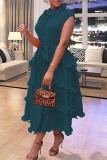 Ink Green Casual Solid Patchwork O Neck Short Sleeve Dress Dresses