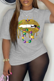 Grey Party Vintage Lips Printed Patchwork O Neck T-Shirts