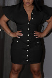 Black Casual Solid Patchwork Buckle Turndown Collar One Step Skirt Dresses