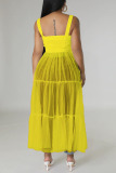 Yellow Casual Solid Patchwork Buckle Fold Spaghetti Strap Dresses