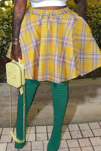Yellow Casual Plaid Print Patchwork High Waist Type A Full Print Bottoms