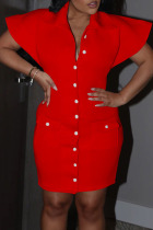 Red Casual Solid Patchwork Buckle Turndown Collar One Step Skirt Dresses