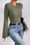 Army Green Casual Solid Basic O Neck Tops