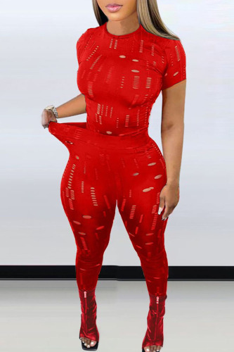 Red Sexy Solid Hollowed Out Patchwork O Neck Short Sleeve Two Pieces