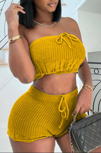 Yellow Sexy Solid Patchwork Strapless Sleeveless Two Pieces