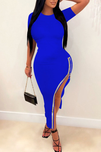 Blue Sexy Solid Patchwork Hot Drill Zipper O Neck Pencil Skirt Dresses