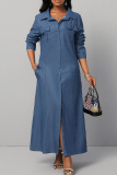 Blue Casual Solid Patchwork Buckle Turndown Collar Straight Dresses