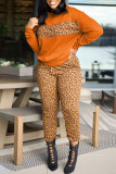 Brown Casual Print Leopard Patchwork O Neck Long Sleeve Two Pieces