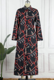 Black Casual Print Patchwork Buckle Without Belt Turndown Collar Straight Dresses