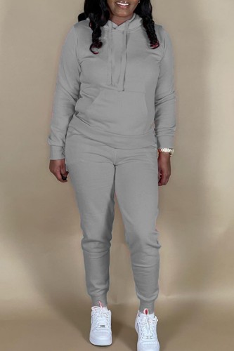 Grey Casual Solid Basic Hooded Collar Long Sleeve Two Pieces
