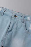Blue Casual Solid Ripped Patchwork High Waist Skinny Denim Skirts