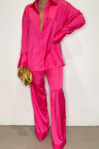 Rose Red Casual Solid Patchwork Turndown Collar Long Sleeve Two Pieces