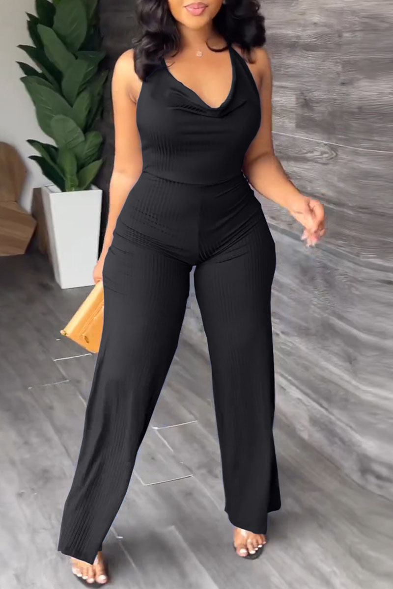 Wholesale Black Sexy Solid Patchwork Backless Halter Straight Jumpsuits ...