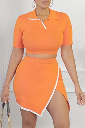 Orange Casual Solid Patchwork Turndown Collar Short Sleeve Two Pieces