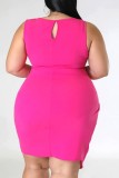 Rose Red Casual Solid Patchwork O Neck Sleeveless Dress Plus Size Dresses