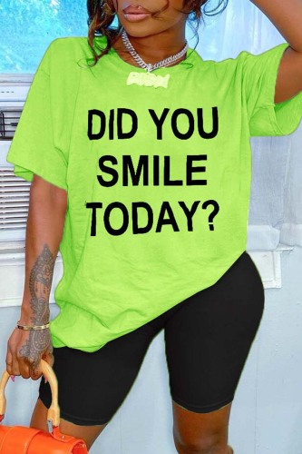 Fluorescent Green Casual Letter Print Basic O Neck Short Sleeve Two Pieces