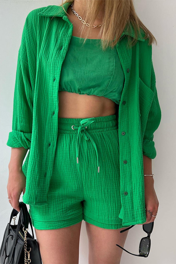 Green Casual Simplicity Solid Fold Turndown Collar Long Sleeve Two Pieces