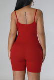 Red Casual Sportswear Solid Patchwork Spaghetti Strap Skinny Rompers