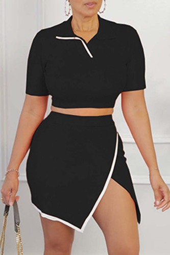 Black Casual Solid Patchwork Turndown Collar Short Sleeve Two Pieces