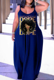 Blue Black Casual Print Patchwork Spaghetti Strap Lantern Skirt Plus Size Dresses