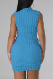 Sky Blue Sexy Solid Bandage Hollowed Out Patchwork O Neck Pencil Skirt Dresses
