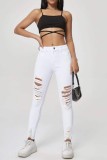 White Casual Solid Ripped High Waist Skinny Denim Jeans