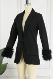 Black Casual Solid Patchwork Buttons Feathers Turn-back Collar Outerwear